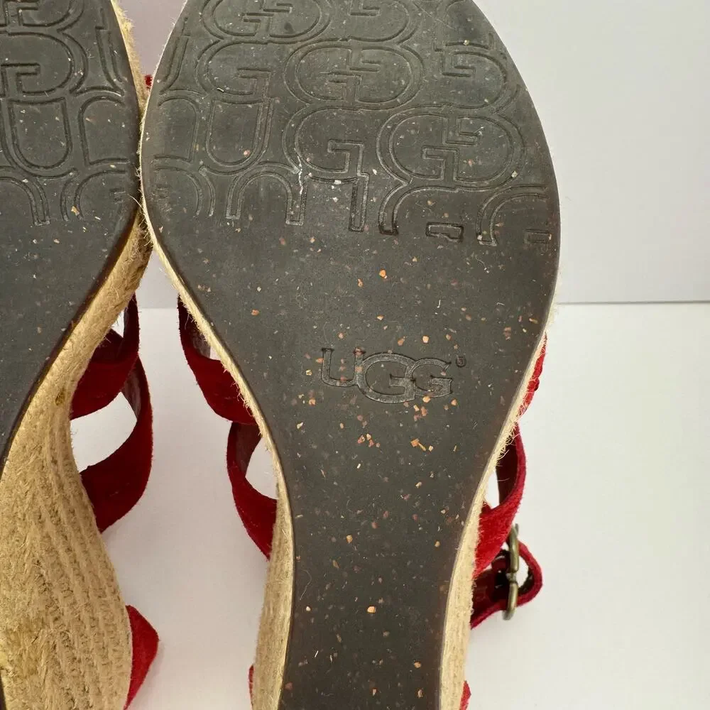 Ugg‎ Red Lauri Suede Leather Espadrille Platform Wedge Sandals Sz 9.5